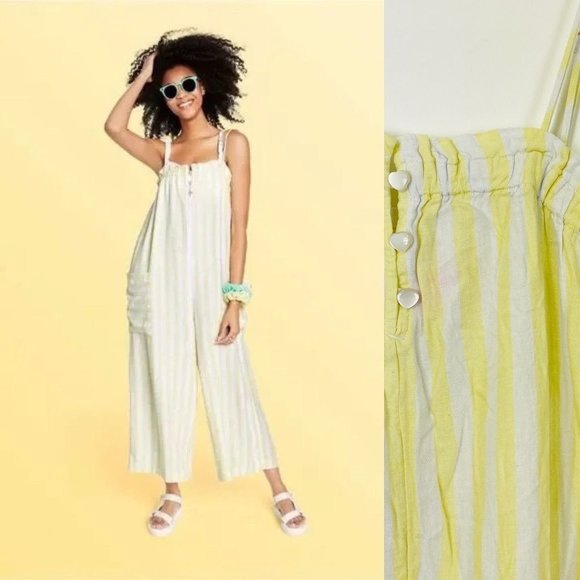Universal Thread Pants - Stoney Clover Womens Jumpsuit Extra Small Romper Yellow Stripe Linen Utility New